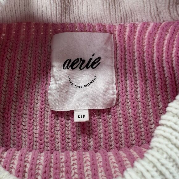 Aerie Pink Ribbed Knit Crewneck Sweater S Oversized Cozy Cotton Blend - Picture 7 of 7